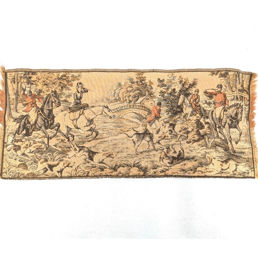Belgian Vintage Fox Hunt Woven Tapestry Equestrian‎ Wall Hanging 45x19